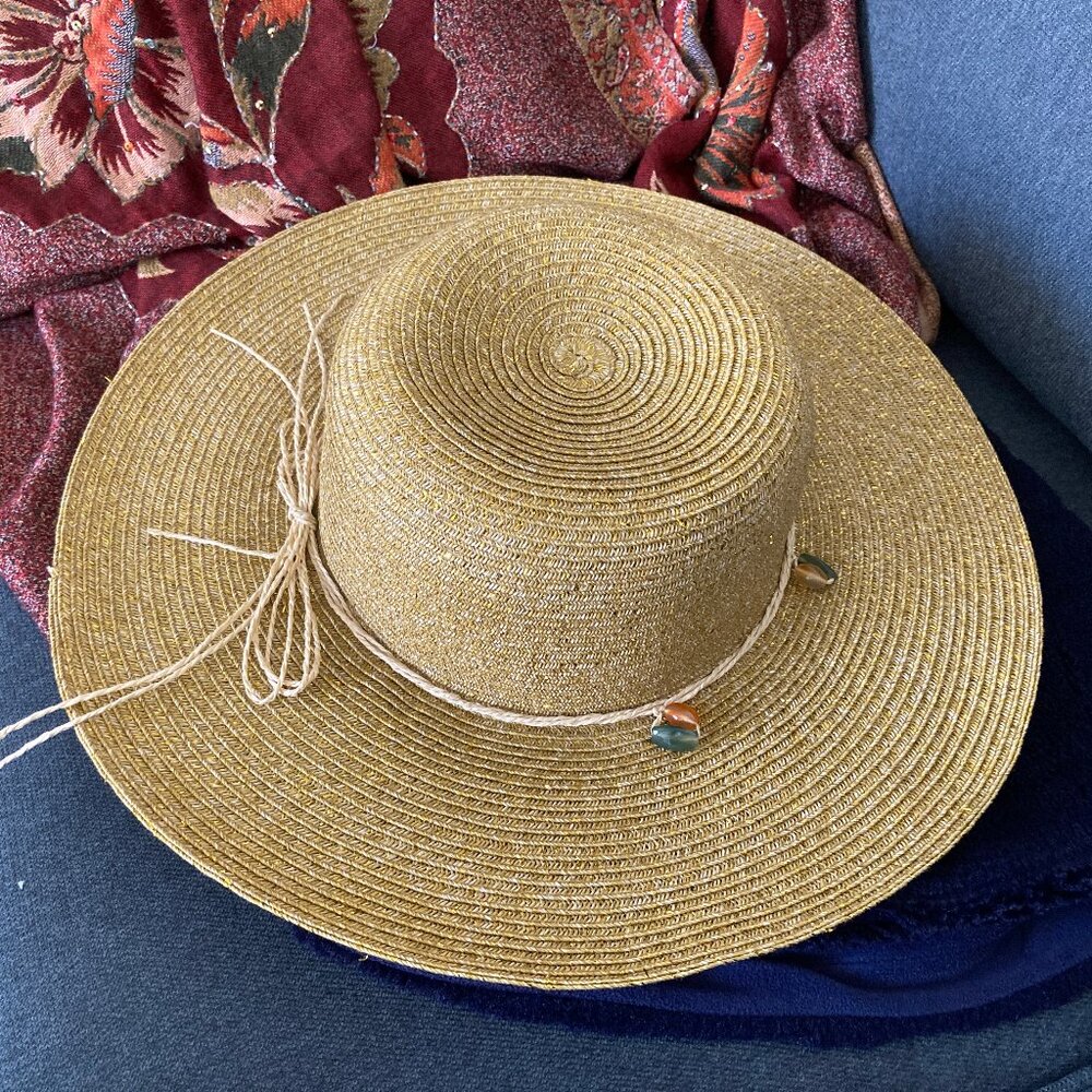 Gold Straw Metallic Sun Hat with Colored Beaded Trim